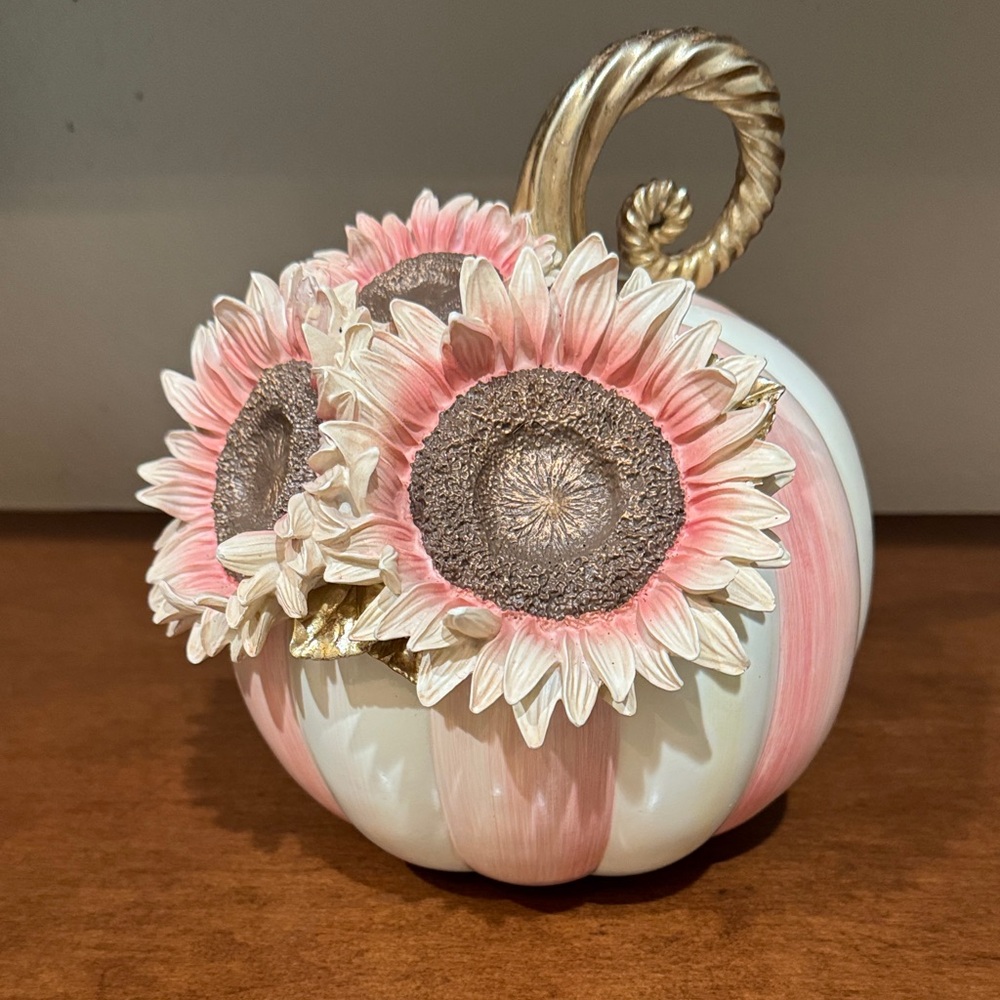 MacKenzie-Childs White and Pink Pumpkin with Sunflower Design